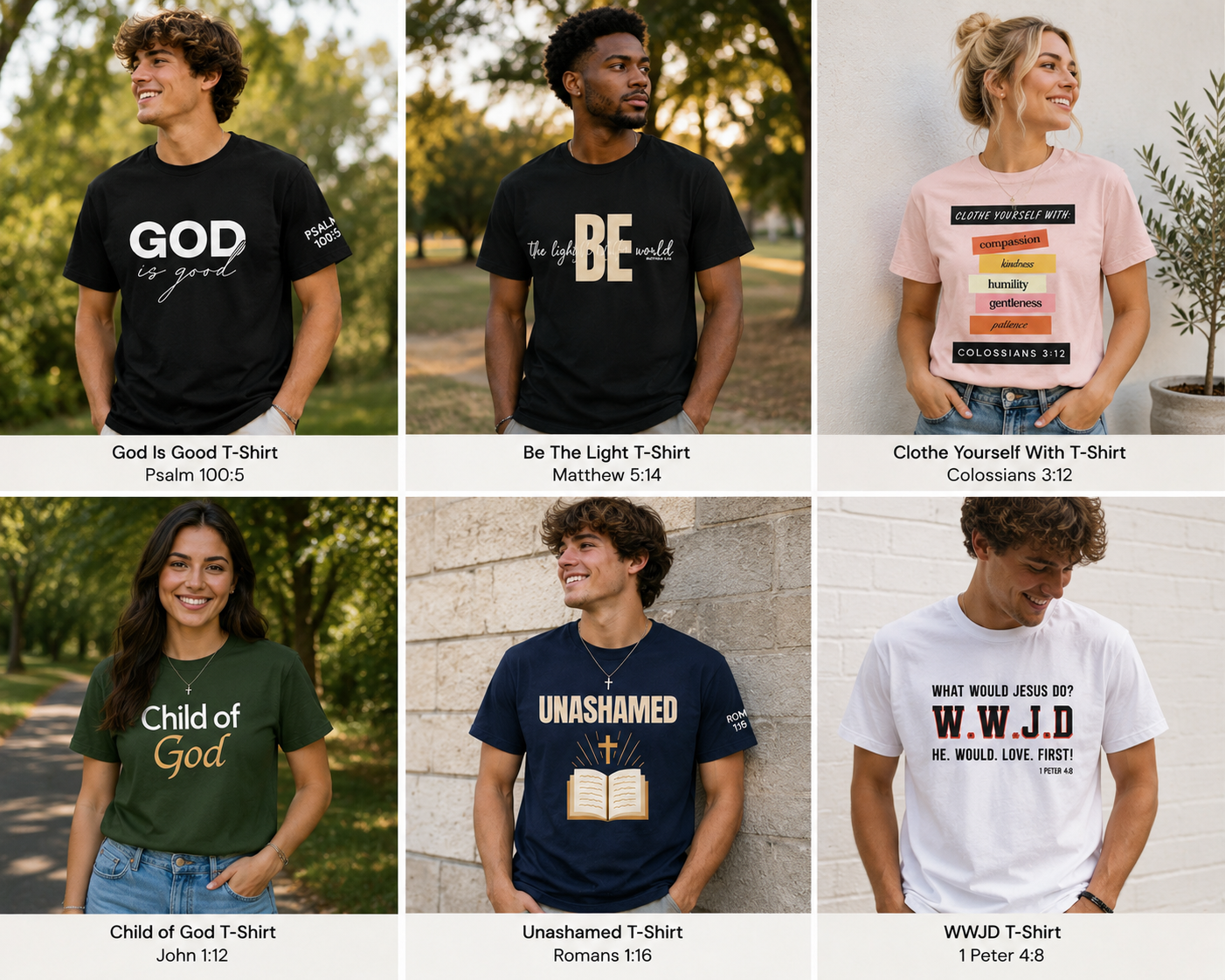 Models wearing VOW Christian faith T-shirts – Jesus Light of the World and Thanks designs